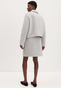 Lichtgrijze wolmix jas met een cropped ontwerp en een oversized kraag, gecombineerd met een bijpassende rok. Beide hebben een zachte textuur.