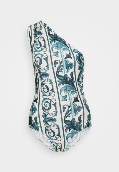 Enosorazdani kopalke z enim ramnom, ki se ponaša z zapletenimi teal in modrimi cvetličnimi vzorci na kremni podlagi, z gladkim, raztegljivim materialom in prilegajočo se obliko.