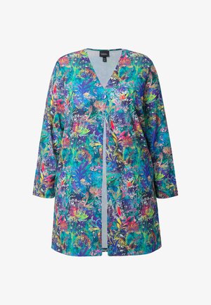 Cardigan long à motifs floraux avec des couleurs vives bleu, vert, violet et rouge, doté d'un bouton bleu unique et de manches longues.