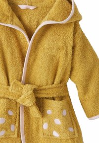 Yellow terrycloth bathrobe with a hood, featuring a pink trim, a tied waist, and two pockets decorated with white polka dots.