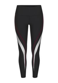 Melni sporta legingi ar kontrastējošiem baltajiem un sarkaniem izliektiem paneļiem, augstu jostu un gludu, elastīgu materiālu.