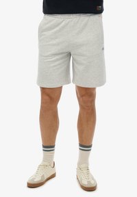 Shorts in cotone grigio con una cintura regolabile, dotati di tasche laterali e di un logo sottile. Indossati con sneaker bianche e calzini a righe.