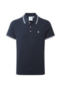 Navy polo shirt made of cotton, featuring a three-button placket, collar, and white striped accents on the sleeves and collar. Embroidered logo.