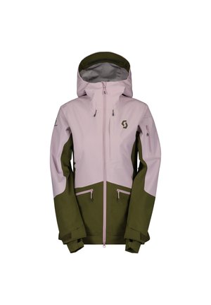 Hellrosa und olivgrüne wasserfeste Jacke mit Kapuze, Frontreißverschluss und zwei Reißverschlusstaschen. Verfügt über verstellbare Ärmelbündchen und Logodetails.