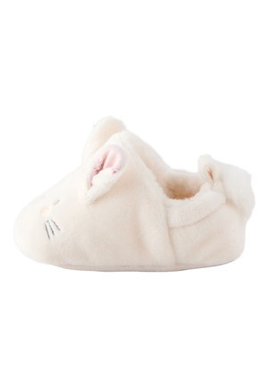 Flauschiger, cremefarbener Hausschuh mit abgerundetem Zehenbereich, bestickten Gesichtszügen, rosa Innenfutter und weichen Ohrenakzenten.