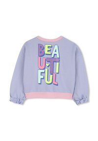 Felpa corta viola chiaro con orlo a costine rosa, con lettere a blocchi colorate che formano la parola "BEAUTIFUL" sul retro.