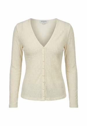 Cardigan color crema con trama, maniche lunghe, bottoni rivestiti in tessuto sulla parte anteriore e collo a V, taglia piccola.
