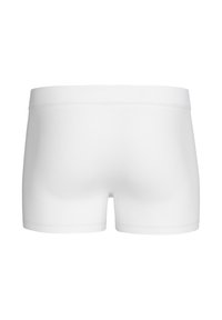 White boxer briefs with a smooth texture, elastic waistband, and mid-thigh length. No visible logos or patterns.