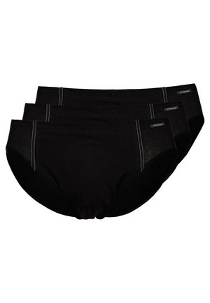 Schwarze Baumwoll-Slips im Dreierpack mit elastischem Bund, dezentem Stichdetail und Logo-Tags auf der Rückseite jedes Teils.