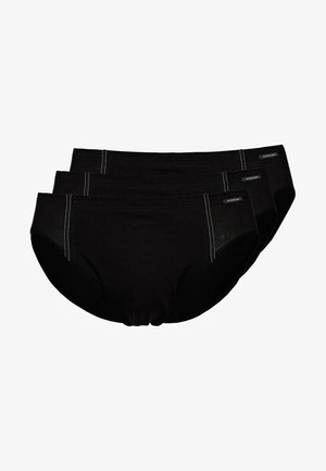 Confezione di tre slip neri in cotone, con cintura elastica, dettagli di cucitura discreti e etichette con logo sul retro di ogni pezzo.