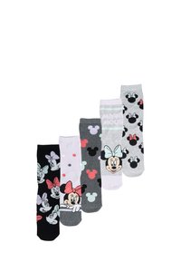 Cinque paia di calzini di cotone con diversi design: neri con Minnie Mouse, a pois pastello, grigi con icone di topo e altro ancora.