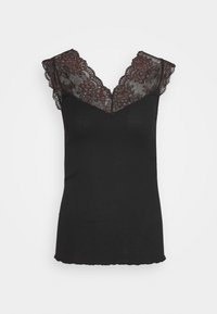 Svart linne med spetsdetaljer och blommönster vid halsringningen och ärmarna. Mjuk ribbad textur, figursydd design.