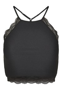 Svart ribbad croptop med spetsdetaljer vid nederkanten och axlarna. Har tunna justerbara axelremmar och en figurnära design.