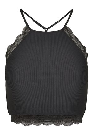 Top scurt ribbed negru cu dantelă la tiv și umeri. Dispune de bretele subțiri ajustabile și un design ajustat.