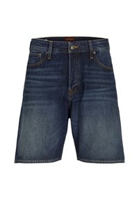 Denimshorts i mørk blå med en falmet effekt, med fem lommer, kobberdetaljer og rett ben-design.
