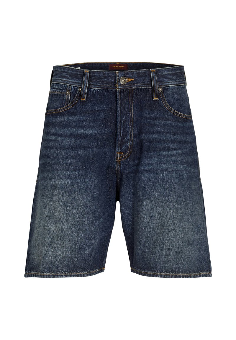 Denimshorts i mørk blå med en falmet effekt, med fem lommer, kobberdetaljer og rett ben-design.