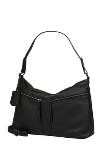 Borsa a spalla in pelle nera con un design morbido, due tasche frontali con zip, tracolla regolabile e etichetta del marchio in rilievo.