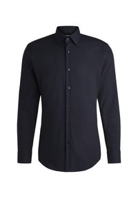 Camicia a maniche lunghe di colore blu scuro realizzata in tessuto liscio, con collo classico, chiusura con bottoni e bottoni blu a contrasto.
