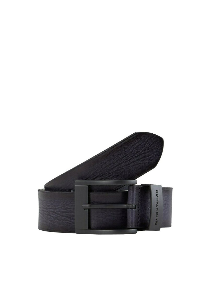Black leather belt with a textured finish, featuring a rectangular black metal buckle and a branded accent. Smooth edges and layered design.