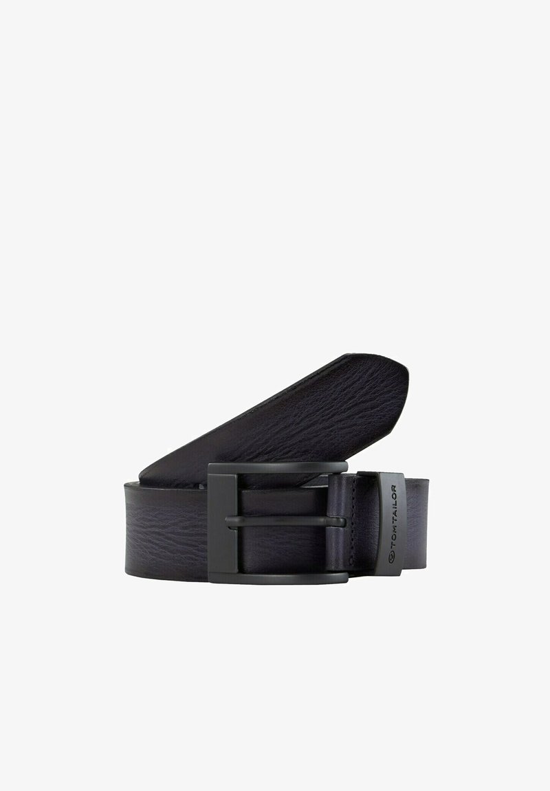 Black leather belt with a textured finish, featuring a rectangular black metal buckle and a branded accent. Smooth edges and layered design.