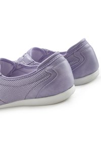 Purple slip-on shoes with mesh and suede material. Rounded shape, padded edges, and a white rubber sole. Subtle stitching detail visible.