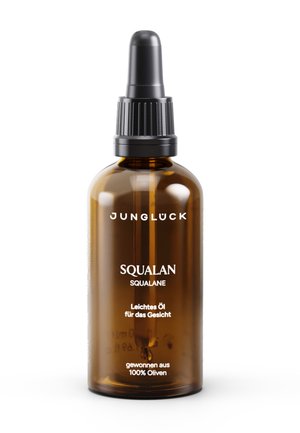 Brown glass dropper bottle labeled Jungluck Squalan, lightweight facial oil made from 100% olives, with black dropper cap on white background.