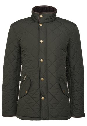 Quilted green jacket with a stand-up collar. Features brass snap buttons and two side pockets. Made from a soft, textured fabric.