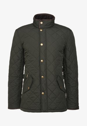 Quilted green jacket with a stand-up collar. Features brass snap buttons and two side pockets. Made from a soft, textured fabric.