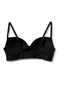 Černá vycpaná podprsenka s nastavitelnými ramínky a několika háčky a očky na zadním pásu, označená "United Colors of Benetton."