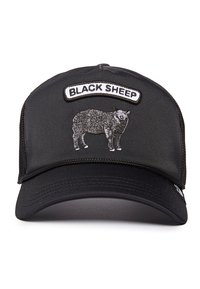 Gorra negra con parte trasera de malla, que presenta una oveja gris bordada y un parche con texto que dice "BLACK SHEEP". Visera redondeada, forma estructurada y material negro.