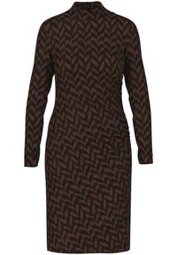 Braunes Kleid mit Blättermuster, langen Ärmeln und hohem Kragen. Verfügt über Raffung an der Seite. Hergestellt aus einem elastischen Stoff.