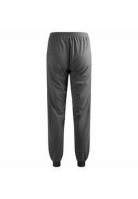 Grijze sportbroek met een elastische tailleband, taps toelopende broekspijpen en aansluitende boorden bij de enkels. Glad, lichtgewicht materiaal met een matte afwerking.