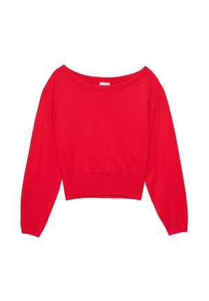Rød langærmet cropped sweater med bred halsudskæring og ribbet linning og manchetter, vist på hvid baggrund.