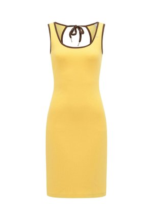 Gul ermeløs kjole med brun kant, rund halslinning og knyttet sløyfedetalj bak på nakken.