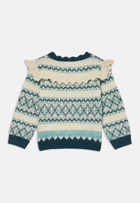 Strickpullover mit türkis-, cremefarbener und gemusterter Gestaltung; mit Rüschenausschnitt und strukturierten Bündchen; runder Kragen; gemütliches Material.