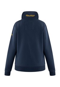 Pullover blu navy con colletto alto e polsi a coste. Presenta un logo ricamato giallo sul colletto e sulla manica sinistra.