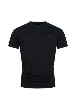 Černé bavlněné tričko s kulatým výstřihem, krátkými rukávy a jemně embosovaným logem na hrudi. Jednoduchý design, hladká textura.