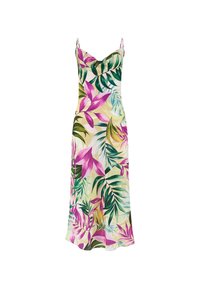 Vestido slip floral en tejido ligero con grandes patrones de hojas rosas y verdes sobre un fondo crema. Tiras ajustables.