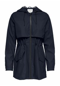 Veste imperméable bleu marine avec capuche, taille cintrée, deux poches avant et fermeture éclair. Doublure intérieure rayée.