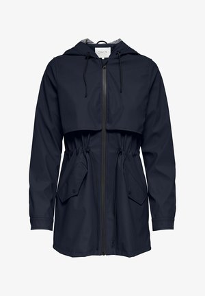 Wodoodporna kurtka w kolorze granatowym z kapturem, taliowaną talią, dwoma przednimi kieszeniami i zamkiem błyskawicznym. Posiada paskowane wnętrze.