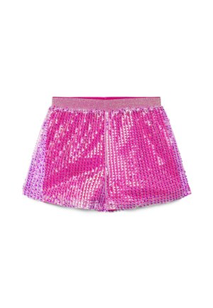 Shorts rosa con paillettes, caratterizzati da file verticali di paillettes brillanti e una fascia elastica glitterata su sfondo bianco.