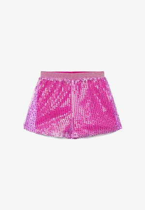 Shorts rosa con paillettes, caratterizzati da file verticali di paillettes brillanti e una fascia elastica glitterata su sfondo bianco.