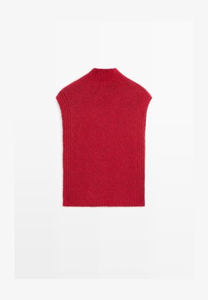 Red short-sleeve sweater with a high neck, made of soft knit material. Features ribbed detailing along the edges and shoulders.