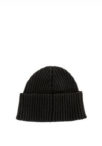 Gorro de punto negro con textura acanalada, que presenta un puño doblado y una parte superior redondeada. El material parece suave y elástico.