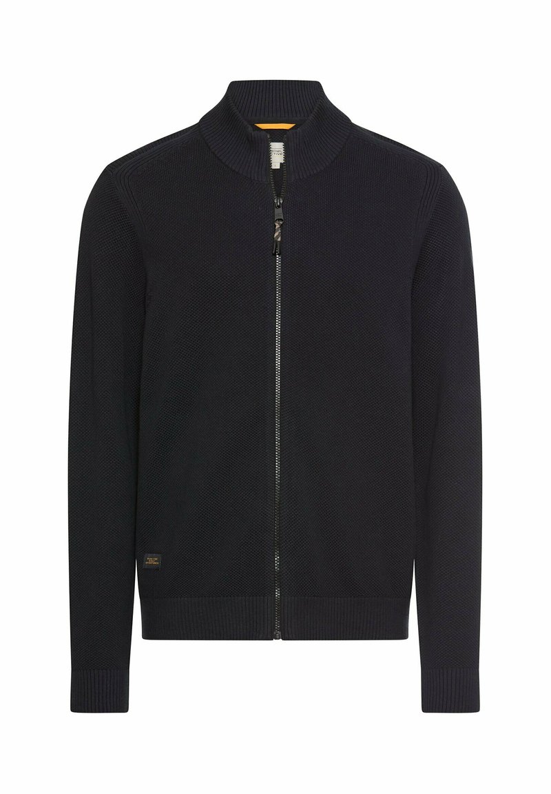 Donkerblauwe cardigan met ritssluiting, voorzien van een textuurgebreid patroon, geribbelde kraag en manchetten, en een subtiel logoplaatje linksonder.