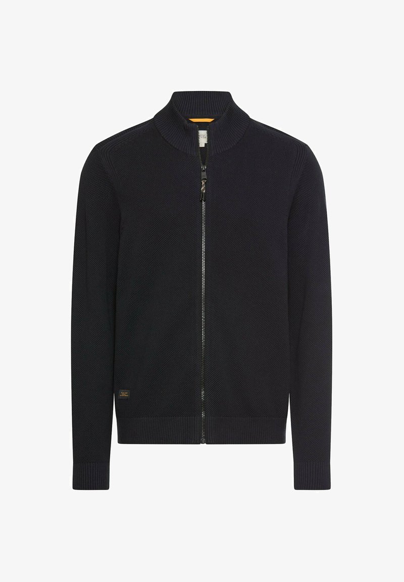 Donkerblauwe cardigan met ritssluiting, voorzien van een textuurgebreid patroon, geribbelde kraag en manchetten, en een subtiel logoplaatje linksonder.