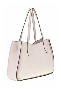 Borsa tote in pelle bianca con motivi floreali in rilievo, bordi neri e due manici lunghi. Design elegante con un interno spazioso.