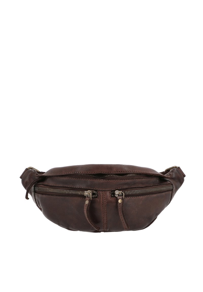 Dunkelbraune Leder-Gürteltasche mit zwei vorderen Reißverschlusstaschen und verstellbarem Riemen, isoliert auf weißem Hintergrund.