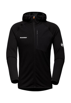 Czarna polarowa kurtka z zamek błyskawicznym z przodu, kapturem i kieszenią na piersi; posiada kontrastowy czarny panel i białe logo "MAMMUT".