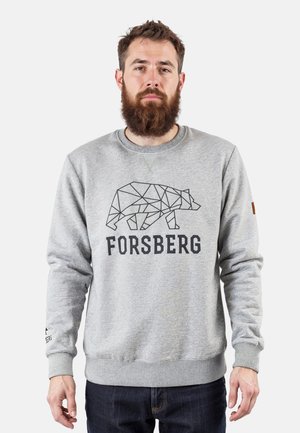 Grijze katoenen sweatshirt met ronde hals, voorzien van een geometrische beerafbeelding en de tekst "FORSBERG" in het zwart, met ribgebreide manchetten en zoom.